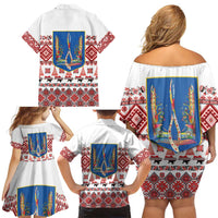 Ukraine Merry Christmas Family Matching Off Shoulder Short Dress and Hawaiian Shirt Ukraine Emblem and Vyshyvanka Xmas Style - Wonder Print Shop