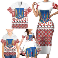 Ukraine Merry Christmas Family Matching Short Sleeve Bodycon Dress and Hawaiian Shirt Ukraine Emblem and Vyshyvanka Xmas Style - Wonder Print Shop