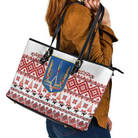 Ukraine Merry Christmas Leather Tote Bag Ukraine Emblem and Vyshyvanka Xmas Style - Wonder Print Shop