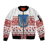 Ukraine Merry Christmas Sleeve Zip Bomber Jacket Ukraine Emblem and Vyshyvanka Xmas Style - Wonder Print Shop