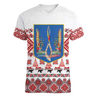 Ukraine Merry Christmas Women V-Neck T-Shirt Ukraine Emblem and Vyshyvanka Xmas Style - Wonder Print Shop
