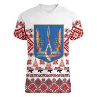 Ukraine Merry Christmas Women V-Neck T-Shirt Ukraine Emblem and Vyshyvanka Xmas Style - Wonder Print Shop