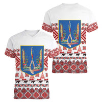 Ukraine Merry Christmas Women V-Neck T-Shirt Ukraine Emblem and Vyshyvanka Xmas Style - Wonder Print Shop
