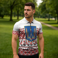 Ukraine Merry Christmas Zipper Polo Shirt Ukraine Emblem and Vyshyvanka Xmas Style - Wonder Print Shop