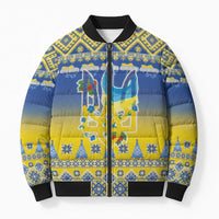Ukraine Merry Christmas Bomber Puffer Jacket Ukraine Emblem and Vyshyvanka Knitted Effect - Wonder Print Shop