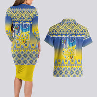 Ukraine Merry Christmas Couples Matching Long Sleeve Bodycon Dress and Hawaiian Shirt Ukraine Emblem and Vyshyvanka Knitted Effect - Wonder Print Shop