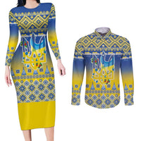 Ukraine Merry Christmas Couples Matching Long Sleeve Bodycon Dress and Long Sleeve Button Shirt Ukraine Emblem and Vyshyvanka Knitted Effect - Wonder Print Shop