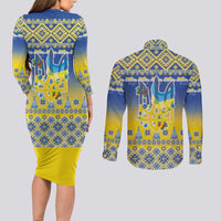 Ukraine Merry Christmas Couples Matching Long Sleeve Bodycon Dress and Long Sleeve Button Shirt Ukraine Emblem and Vyshyvanka Knitted Effect - Wonder Print Shop