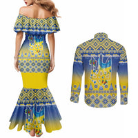 Ukraine Merry Christmas Couples Matching Mermaid Dress and Long Sleeve Button Shirt Ukraine Emblem and Vyshyvanka Knitted Effect - Wonder Print Shop