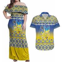 Ukraine Merry Christmas Couples Matching Off Shoulder Maxi Dress and Hawaiian Shirt Ukraine Emblem and Vyshyvanka Knitted Effect - Wonder Print Shop