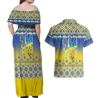 Ukraine Merry Christmas Couples Matching Off Shoulder Maxi Dress and Hawaiian Shirt Ukraine Emblem and Vyshyvanka Knitted Effect - Wonder Print Shop
