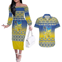 Ukraine Merry Christmas Couples Matching Off The Shoulder Long Sleeve Dress and Hawaiian Shirt Ukraine Emblem and Vyshyvanka Knitted Effect - Wonder Print Shop