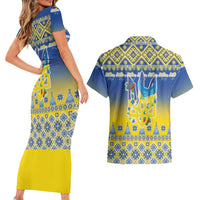 Ukraine Merry Christmas Couples Matching Short Sleeve Bodycon Dress and Hawaiian Shirt Ukraine Emblem and Vyshyvanka Knitted Effect - Wonder Print Shop