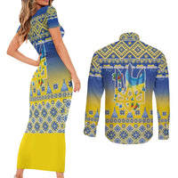 Ukraine Merry Christmas Couples Matching Short Sleeve Bodycon Dress and Long Sleeve Button Shirt Ukraine Emblem and Vyshyvanka Knitted Effect - Wonder Print Shop