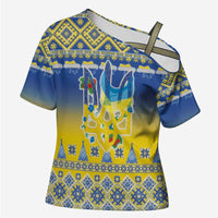 Ukraine Merry Christmas Cross Shoulder Shirt Ukraine Emblem and Vyshyvanka Knitted Effect - Wonder Print Shop