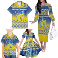 Ukraine Merry Christmas Family Matching Off The Shoulder Long Sleeve Dress and Hawaiian Shirt Ukraine Emblem and Vyshyvanka Knitted Effect - Wonder Print Shop