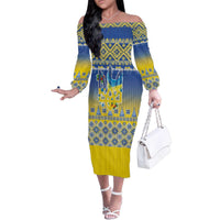 Ukraine Merry Christmas Family Matching Off The Shoulder Long Sleeve Dress and Hawaiian Shirt Ukraine Emblem and Vyshyvanka Knitted Effect - Wonder Print Shop