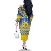 Ukraine Merry Christmas Family Matching Off The Shoulder Long Sleeve Dress and Hawaiian Shirt Ukraine Emblem and Vyshyvanka Knitted Effect - Wonder Print Shop