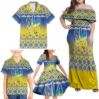 Ukraine Merry Christmas Family Matching Off Shoulder Maxi Dress and Hawaiian Shirt Ukraine Emblem and Vyshyvanka Knitted Effect - Wonder Print Shop