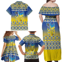 Ukraine Merry Christmas Family Matching Off Shoulder Maxi Dress and Hawaiian Shirt Ukraine Emblem and Vyshyvanka Knitted Effect - Wonder Print Shop