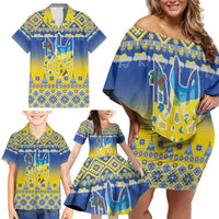 Ukraine Merry Christmas Family Matching Off Shoulder Short Dress and Hawaiian Shirt Ukraine Emblem and Vyshyvanka Knitted Effect - Wonder Print Shop