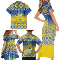 Ukraine Merry Christmas Family Matching Short Sleeve Bodycon Dress and Hawaiian Shirt Ukraine Emblem and Vyshyvanka Knitted Effect - Wonder Print Shop