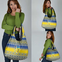 Ukraine Merry Christmas Grocery Bag Ukraine Emblem and Vyshyvanka Knitted Effect - Wonder Print Shop