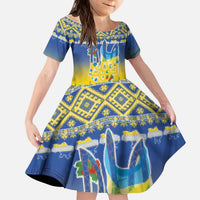 Ukraine Merry Christmas Kid Short Sleeve Dress Ukraine Emblem and Vyshyvanka Knitted Effect - Wonder Print Shop