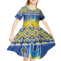 Ukraine Merry Christmas Kid Short Sleeve Dress Ukraine Emblem and Vyshyvanka Knitted Effect - Wonder Print Shop