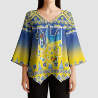 Ukraine Merry Christmas Kimono Sleeve Blouse Ukraine Emblem and Vyshyvanka Knitted Effect - Wonder Print Shop