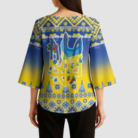 Ukraine Merry Christmas Kimono Sleeve Blouse Ukraine Emblem and Vyshyvanka Knitted Effect - Wonder Print Shop