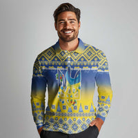 Ukraine Merry Christmas Long Sleeve Polo Shirt Ukraine Emblem and Vyshyvanka Knitted Effect - Wonder Print Shop