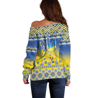 Ukraine Merry Christmas Off Shoulder Sweater Ukraine Emblem and Vyshyvanka Knitted Effect - Wonder Print Shop