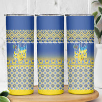 Ukraine Merry Christmas Skinny Tumbler Ukraine Emblem and Vyshyvanka Knitted Effect - Wonder Print Shop