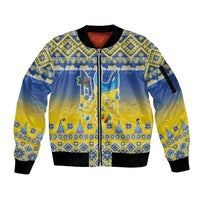 Ukraine Merry Christmas Sleeve Zip Bomber Jacket Ukraine Emblem and Vyshyvanka Knitted Effect - Wonder Print Shop