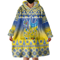 Ukraine Merry Christmas Wearable Blanket Hoodie Ukraine Emblem and Vyshyvanka Knitted Effect - Wonder Print Shop
