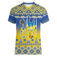 Ukraine Merry Christmas Women V-Neck T-Shirt Ukraine Emblem and Vyshyvanka Knitted Effect - Wonder Print Shop