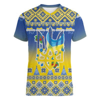Ukraine Merry Christmas Women V-Neck T-Shirt Ukraine Emblem and Vyshyvanka Knitted Effect - Wonder Print Shop