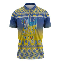 Ukraine Merry Christmas Zipper Polo Shirt Ukraine Emblem and Vyshyvanka Knitted Effect - Wonder Print Shop
