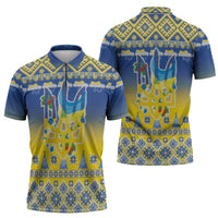 Ukraine Merry Christmas Zipper Polo Shirt Ukraine Emblem and Vyshyvanka Knitted Effect - Wonder Print Shop