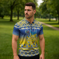 Ukraine Merry Christmas Zipper Polo Shirt Ukraine Emblem and Vyshyvanka Knitted Effect - Wonder Print Shop