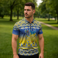 Ukraine Merry Christmas Zipper Polo Shirt Ukraine Emblem and Vyshyvanka Knitted Effect - Wonder Print Shop
