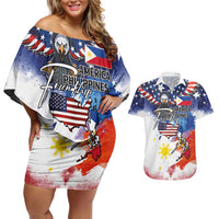 Philippine-American Friendship Couples Matching Off Shoulder Short Dress and Hawaiian Shirt USA Eagle and Philippines Flag with The Maps
