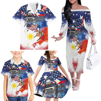 Philippine-American Friendship Family Matching Off The Shoulder Long Sleeve Dress and Hawaiian Shirt USA Eagle and Philippines Flag with The Maps