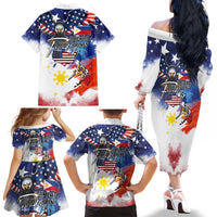 Philippine-American Friendship Family Matching Off The Shoulder Long Sleeve Dress and Hawaiian Shirt USA Eagle and Philippines Flag with The Maps
