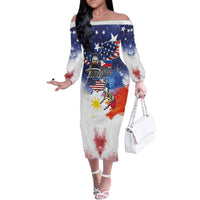 Philippine-American Friendship Family Matching Off The Shoulder Long Sleeve Dress and Hawaiian Shirt USA Eagle and Philippines Flag with The Maps
