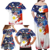 Philippine-American Friendship Family Matching Off Shoulder Maxi Dress and Hawaiian Shirt USA Eagle and Philippines Flag with The Maps