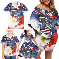 Philippine-American Friendship Family Matching Off Shoulder Short Dress and Hawaiian Shirt USA Eagle and Philippines Flag with The Maps