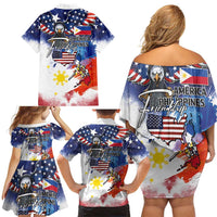 Philippine-American Friendship Family Matching Off Shoulder Short Dress and Hawaiian Shirt USA Eagle and Philippines Flag with The Maps