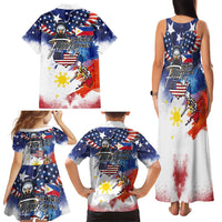 Philippine-American Friendship Family Matching Tank Maxi Dress and Hawaiian Shirt USA Eagle and Philippines Flag with The Maps